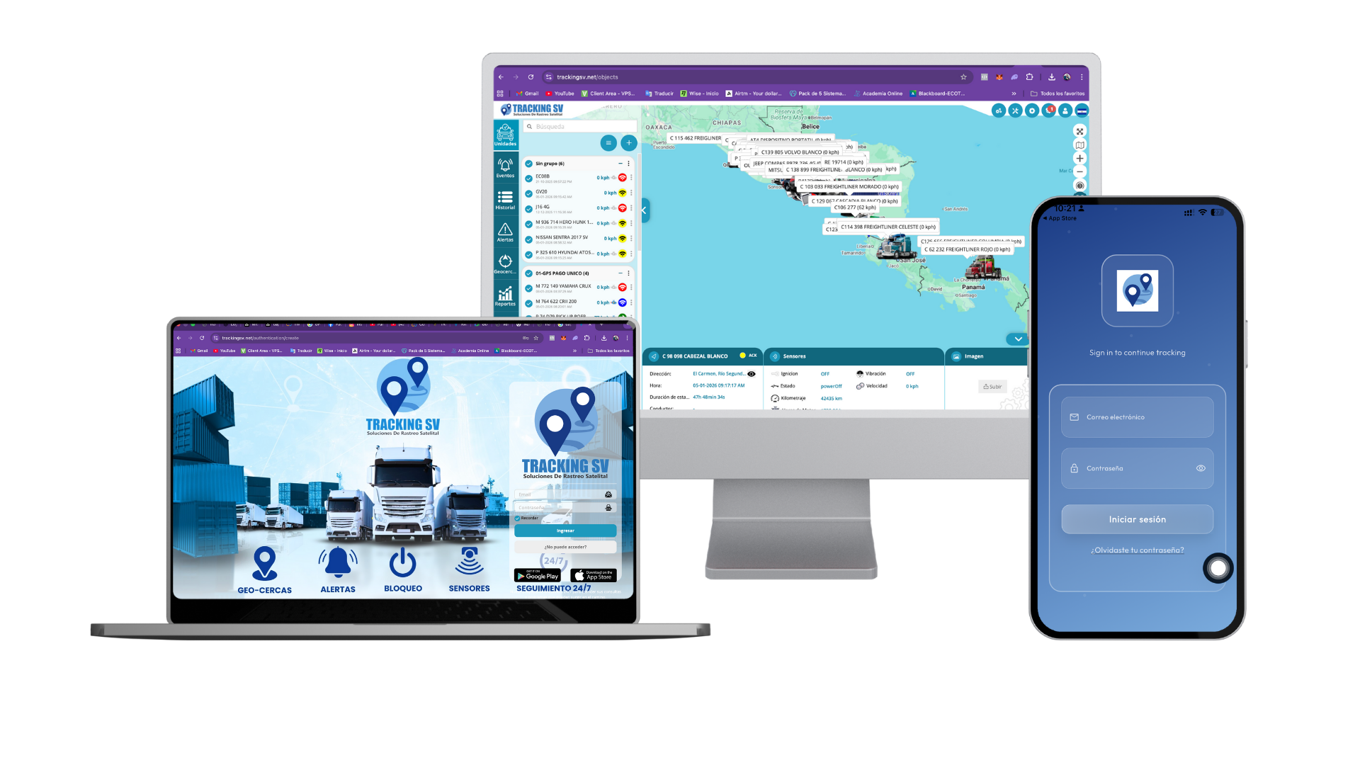 Plataforma Tracker7 en PC, laptop y app móvil